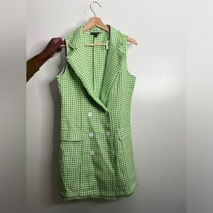 Green and white houndstooth mini dress